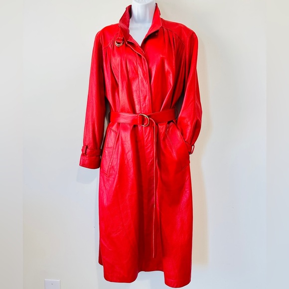 Vintage Red Genuine Leather Belted Trench Coat By Breier of Amsterdam Size 10 - Picture 6 of 16